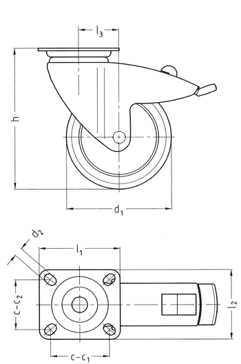 Svängbart bromsat apparathjul i polypropylen och termoplastiskt gummi
