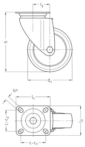 Svängbart apparathjul i polypropylen och termoplastiskt gummi - ritning