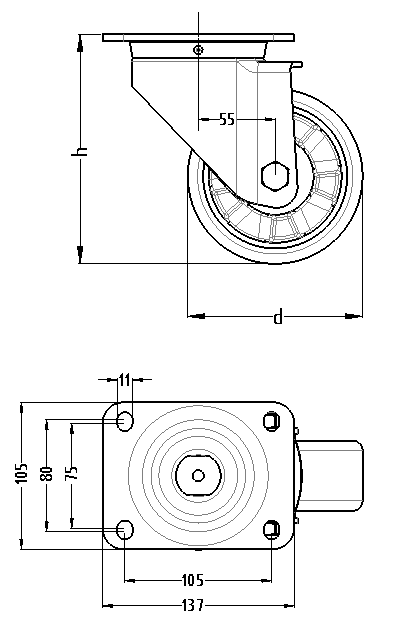 Ritning TN4680 BP Heavy duty svängbart hjul med slitbana i polyuretan