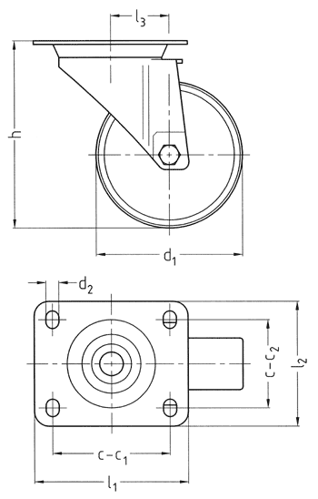 TN8740 FP Svängbart hjul i polyamid med rostfri gaffel transporthjul länkhjul -  ritning
