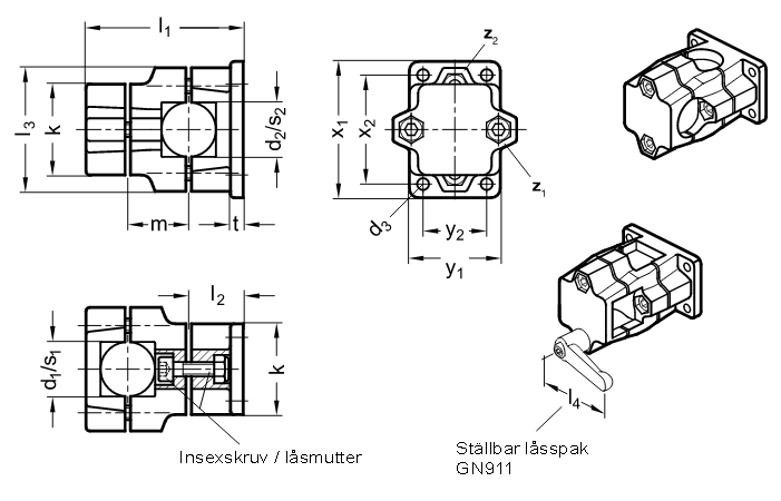 Delbar korskoppling med fästplatta i blästrad eller pulverlackerad aluminium för runda och/eller fyrkantiga rör - ritning