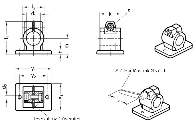 Rörkoppling i blästrad eller svartlackerad aluminium med fästplatta och 2 fästhål - ritning
