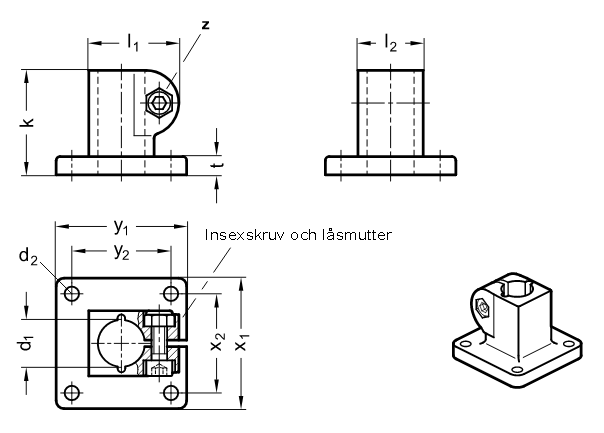 Rörkoppling i rostfritt stål med 4 monteringshål - ritning