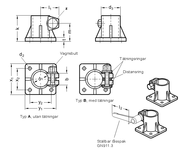 Rörkoppling i rostfritt stål med fästplatta - ritning