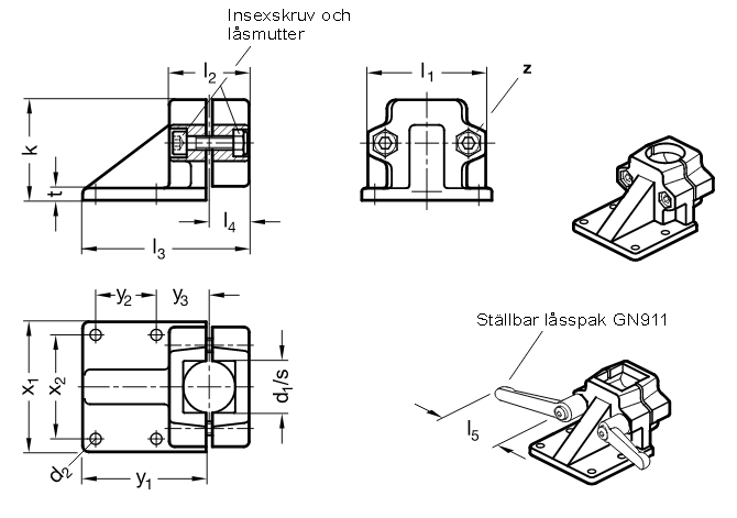 Rörkoppling med förskjuten fästplatta, för rundrör eller fyrkantsrör, delbar - ritning