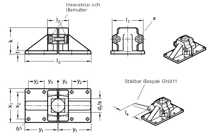 Rörkoppling med bred fästplatta, för rundrör eller fyrkantsrör, delbar - ritning