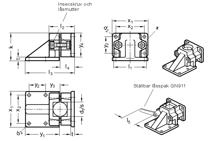 Rörkoppling med två fästplattor, för rundrör eller fyrkantsrör, delbar - ritning