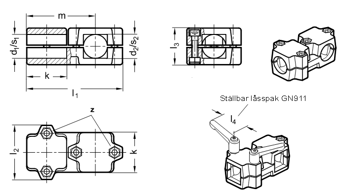 T-koppling i aluminium för rundrör och/eller fyrkantsrör, individuellt delbar - ritning