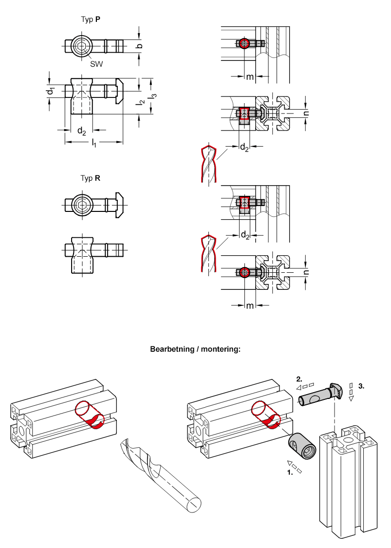 Asymmetrisk snabbkoppling till aluminiumprofil