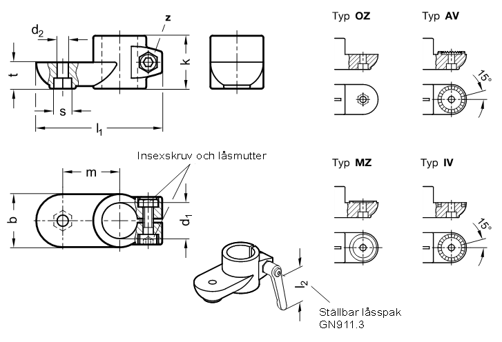 Svängbart rörkopplingsfäste i svartlackerad eller blästrad aluminium - ritning