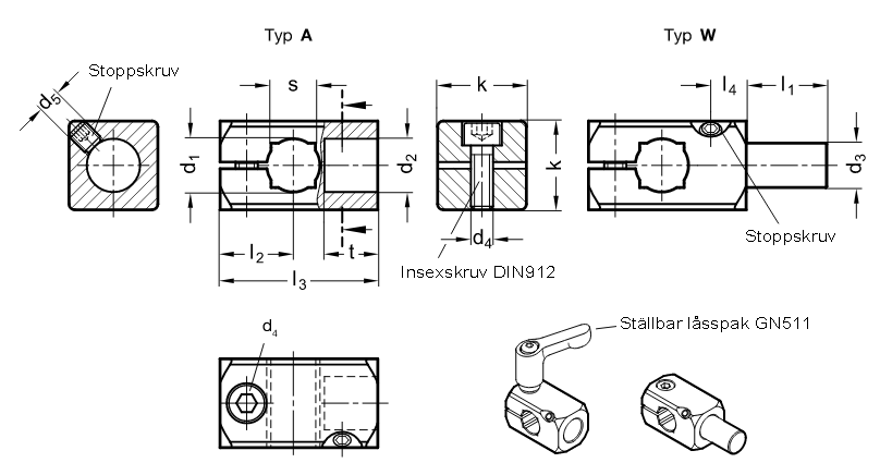 T-Klämhållare i eloxerad eller slipad aluminium - ritning