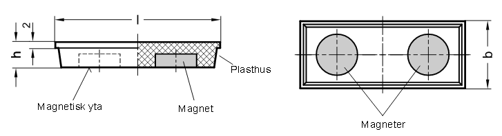 Neodymmagnet med rektangulärt hus i plast och dubbla magneter - ritning