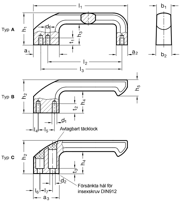 Ritning bärhandtag GN559 i aluminium