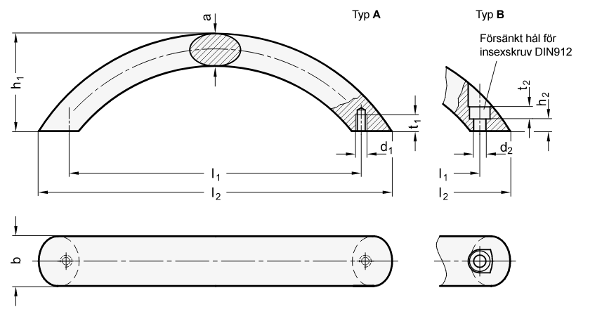 Båghandtag GN565.4 i aluminium - ritning